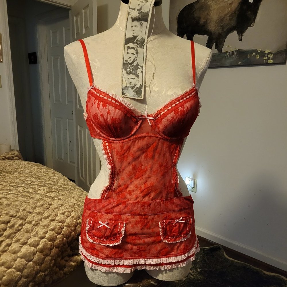 Victoria's Secret Red Lace Chemise with Pocket Apron Detail